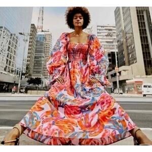 FARM Rio Banana Print Maxi Dress Smocked Puff Sleeves 100% Cotton Size M